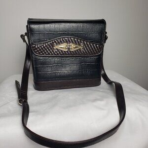 Marlo Leather Bucket Crossbody Handbag Crocodile Embossed Texture Blk/Brn